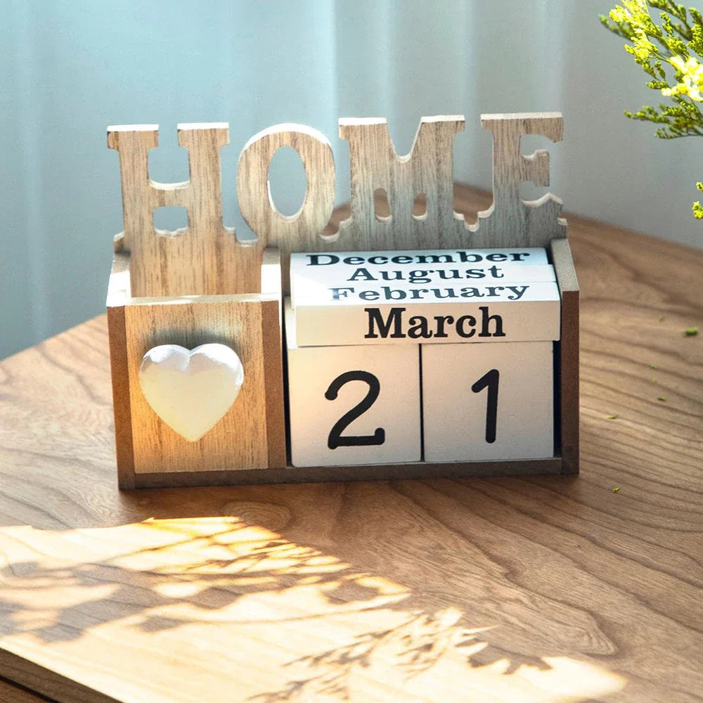 Calendrier perpétuel en bois & Porte-stylo – Organisateur de bureau élégant